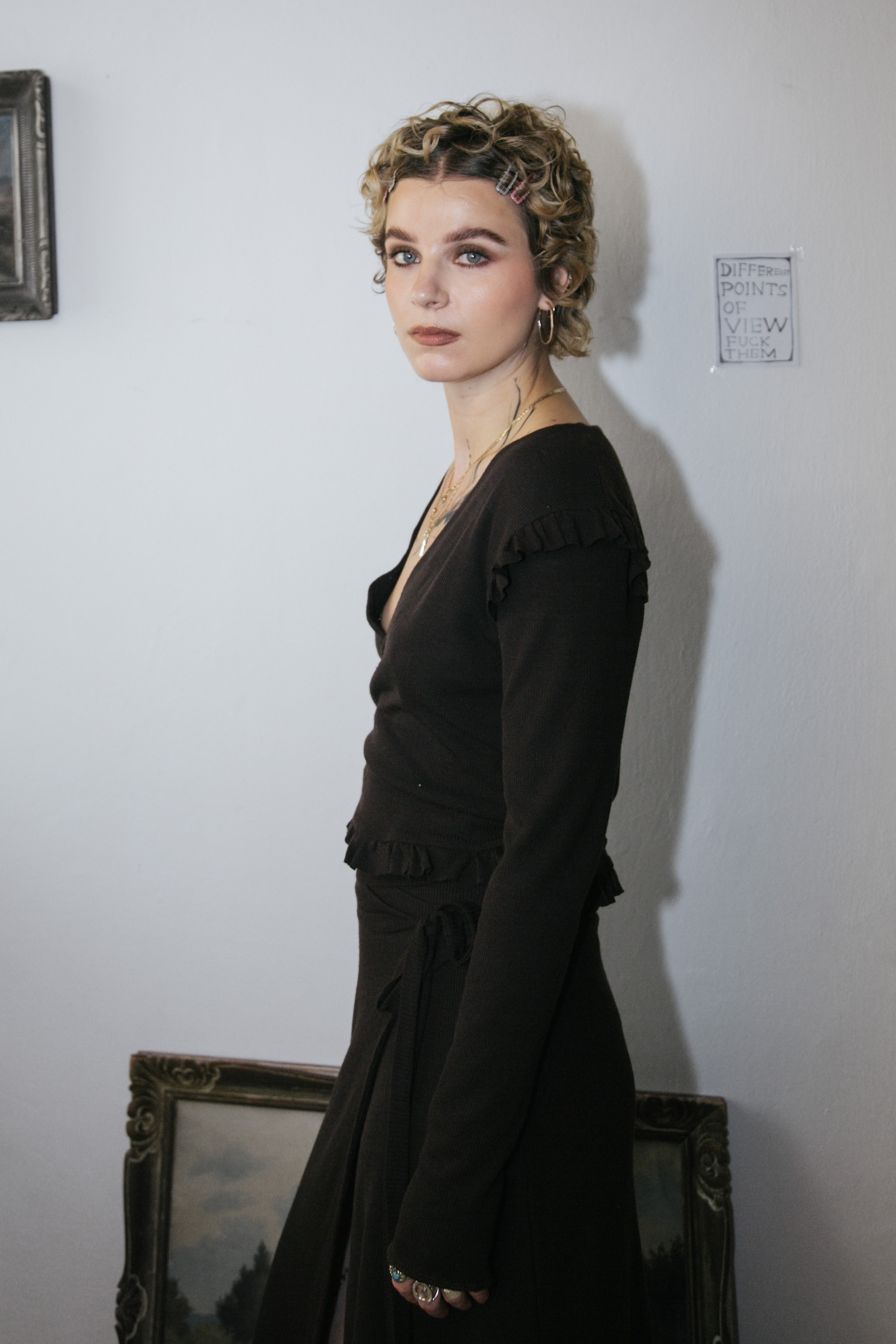 Wrap ruffle wool jersey top