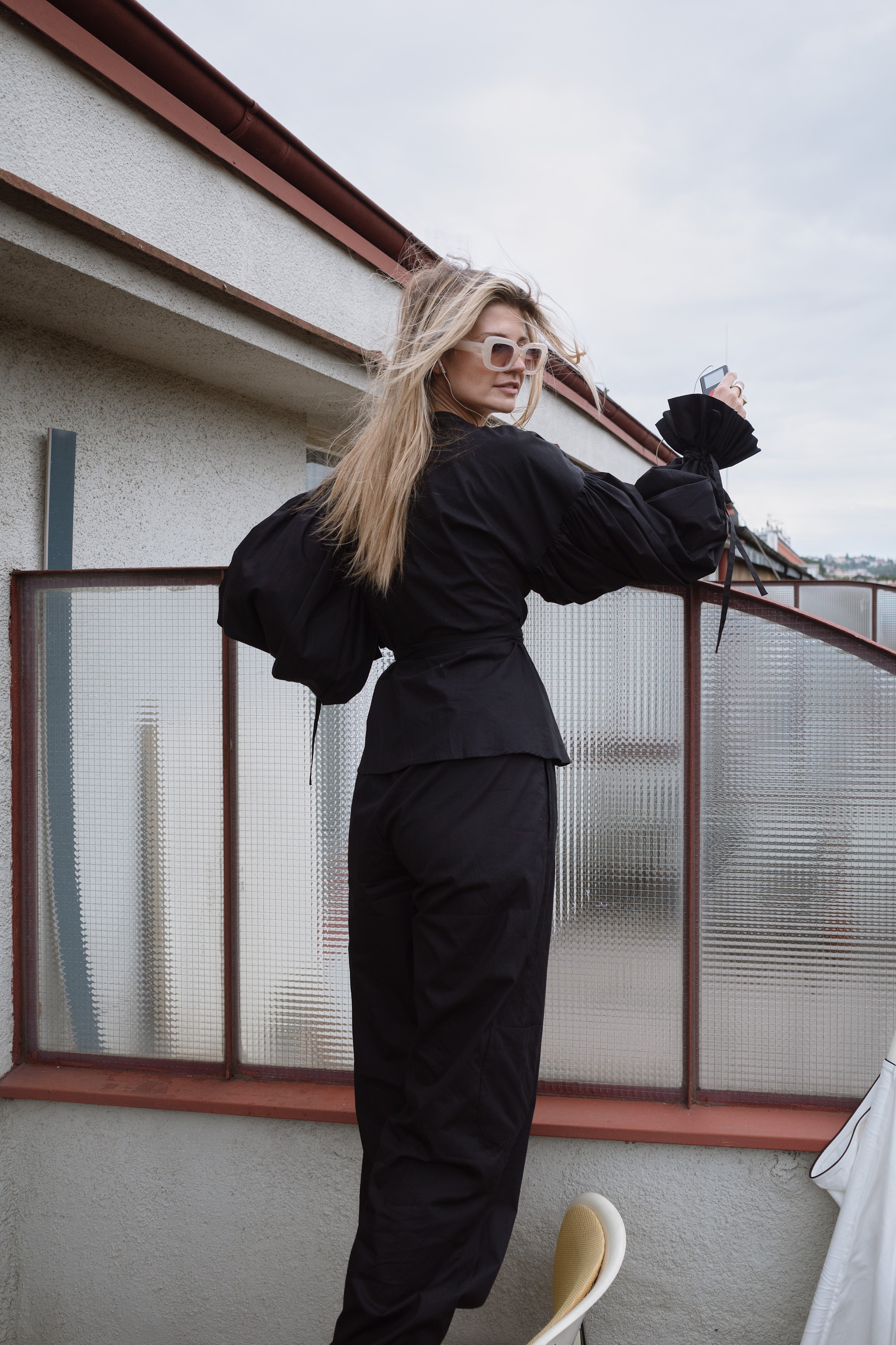 Wrap puff poplin blouse