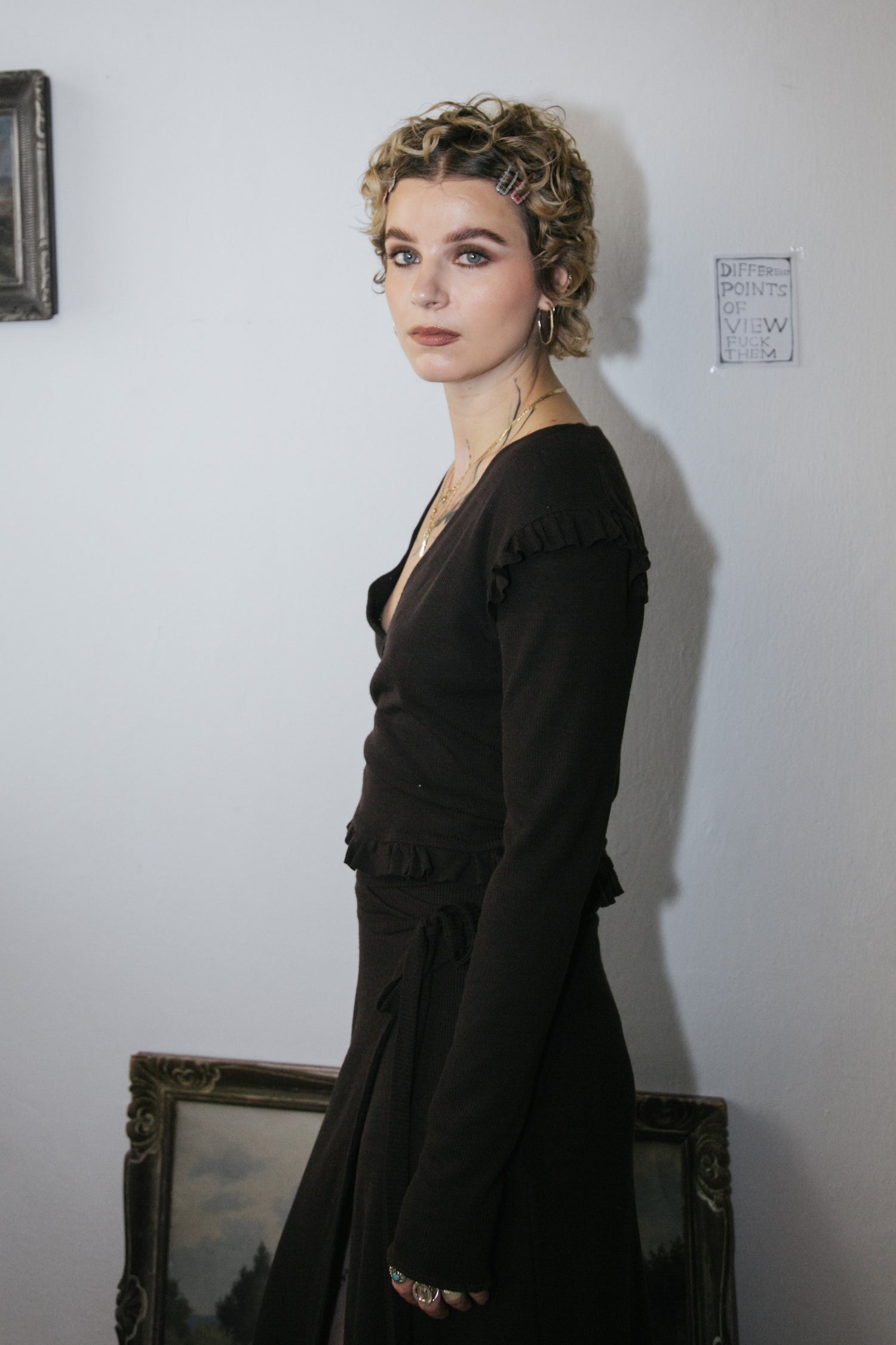 Wrap ruffle wool jersey top